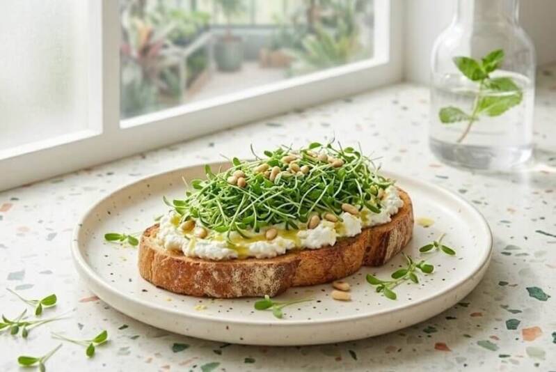 En skiva rostat bröd på en tallrik toppad med ricotta, pinjenötter och ett yvigt berg av gröna amaranthskott odlade från egna gröna amaranthfrön, stående nära ett fönster.