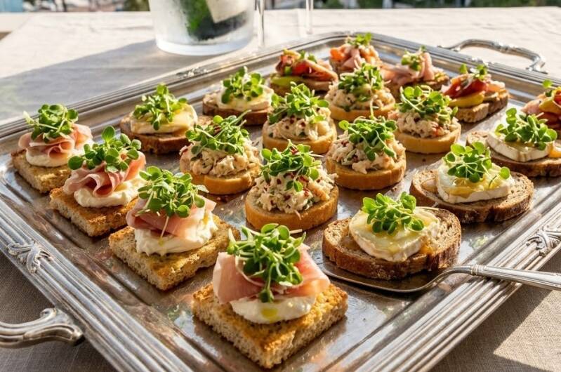 Ett silverfat fyllt med lyxiga snittar på rostat bröd med olika toppings, toppade med färska oreganoskott odlade från egna oreganofrö.