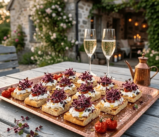 Lyxiga snittar – Med röda basilikaskott odlade på fröer från HCT Seeds, Burrata & rostad tomat 
