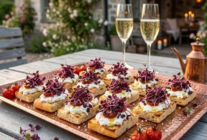 Ett fat med eleganta snittar på rostat bröd med färskost och tomater på ett utomhusbord, toppade med röda basilikaskott odlade från egna röda basilikafrö, med glas fyllda med mousserande vin i bakgrunden.