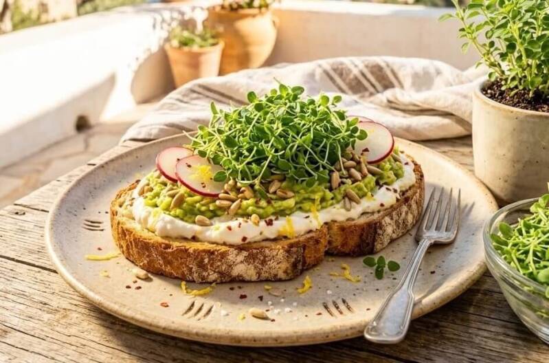 En skiva rostat bröd med avokadoröra, solrosfrön och rädisor på en tallrik, toppad med färska oreganoskott odlade från egna oreganofrö.