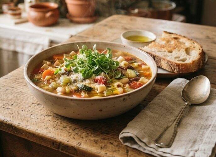 En rustik keramikskål fylld med varm italiensk minestronesoppa med pasta och grönsaker på ett träbord. Soppan är toppad med en näve färska, gröna basilikaskott och riven ost. Intill skålen ligger rostat bröd, en sked och en skål med olivolja.