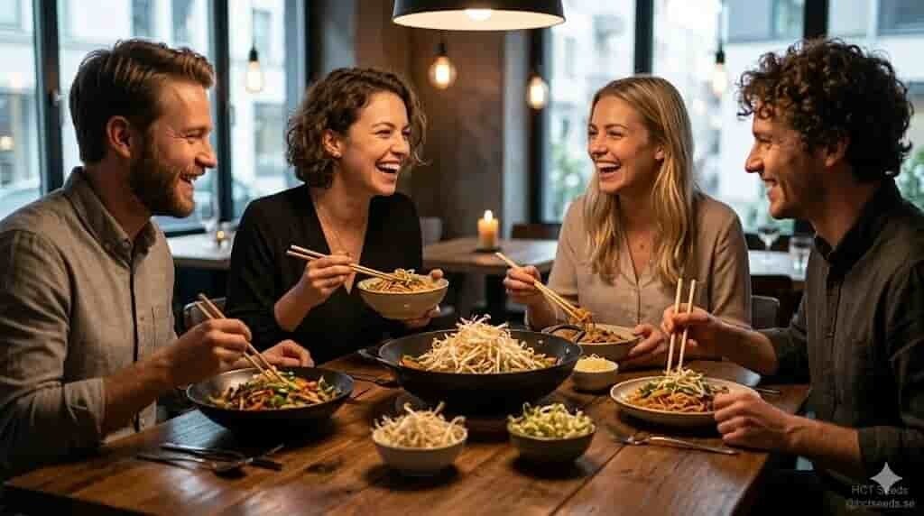Wok med biff toppad med mörklila Mungbönegroddar, odlade från fröer från HCT Seeds.