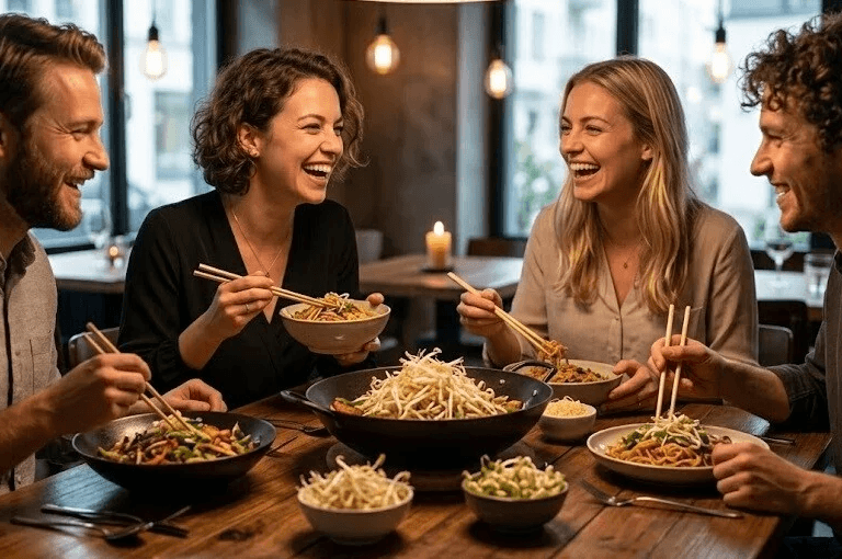 Ett glatt sällskap med vänner som sitter runt ett träbord på en restaurang och äter middag med skålar fyllda av hemodlade mungbönegroddar odlade från egna mungbönor