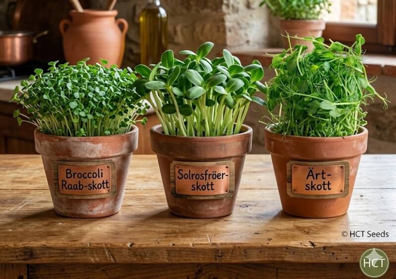 Nybörjarpaket för mikrogrönt (microgreens) med broccoli raab, solrosfröer och ärtskott. Starta din odling med HCT Seeds.