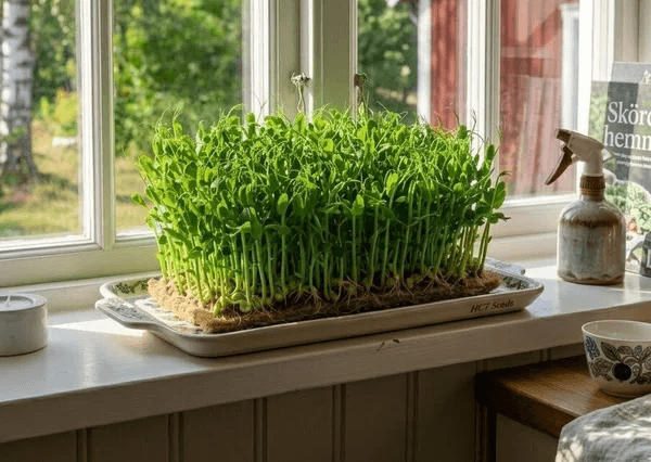 Mikrogrönt i form av frodiga ärtskott som odlas på odlingsmatta i en solig fönsterkarm i köket.