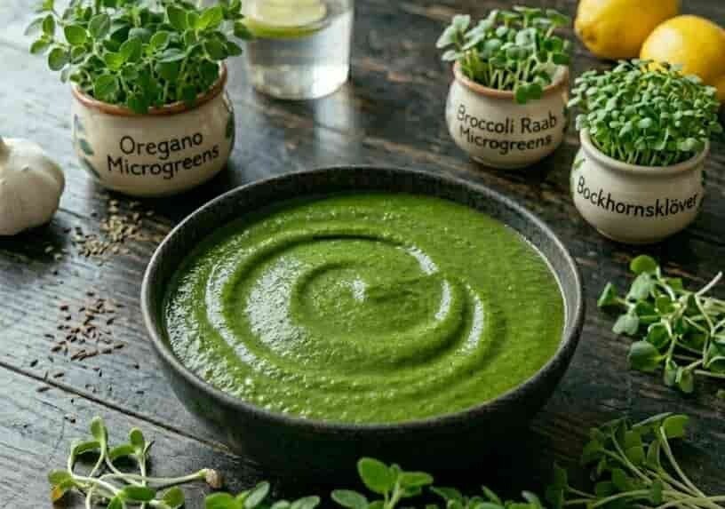 Grön salsa med oreganoskott, broccoli raab och bockhornsklöverskott (mikrogrönt). Odla egna microgreens med HCT Seeds fröer.