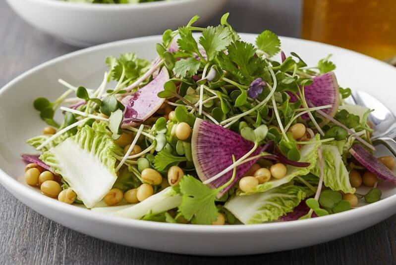 En fräsch sallad i en vit skål innehållande kinesiska kålskott, skivad lila rädisa Sango, koriander och mungböne-groddar.