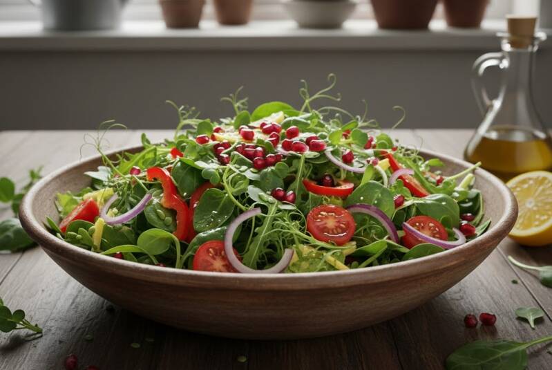 En träskål fylld med en rustik sallad med linsskott, tomat, rödlök och granatäpplekärnor på ett träbord, toppad med rucolaskott odlade från egna ruccolafrö.