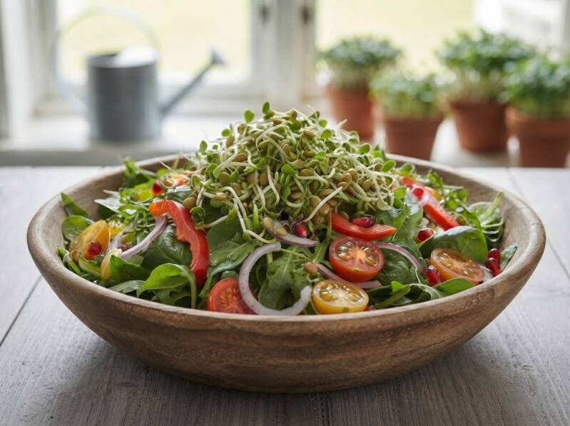 Pepprig grönmix-bowl – en färgstark energiboost med proteinrika linsskott, krispiga grönsaker och en perfekt balans mellan sötma och syra.