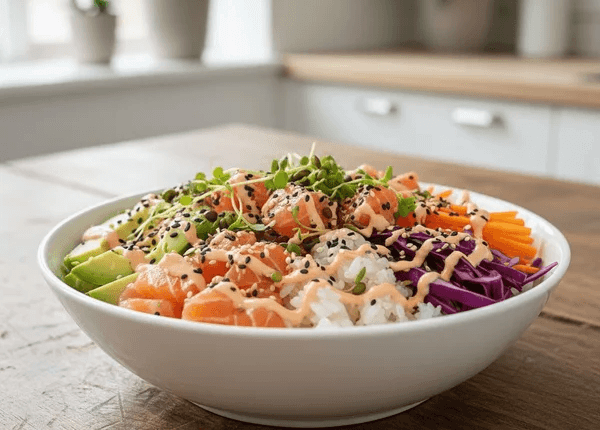 En skål med en poke bowl fylld med lax, avokado och rödkål på ett träbord, toppad med röda linsskott odlade från egna röda linsfrö.