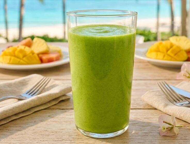 Senapsfrö odlat till egna skott som pryder ett glas grön smoothie med mango på ett träbord nära stranden.