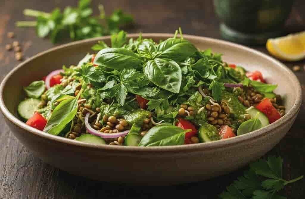 Örtig sallad med krispiga linsgroddar och persiljeskott (mikrogrönt). Odla egna groddar och microgreens med HCT Seeds.