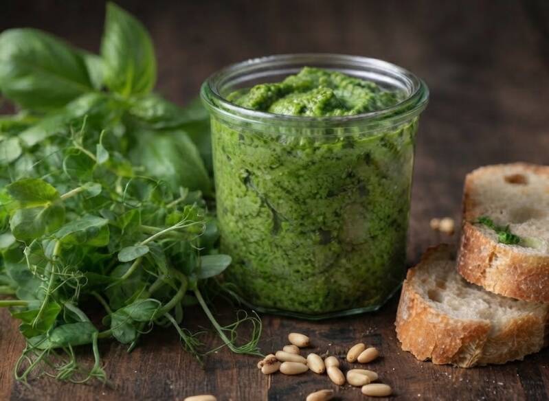 Hemgjord pesto med ärtskott och basilikaskott som är hemmaodlalde