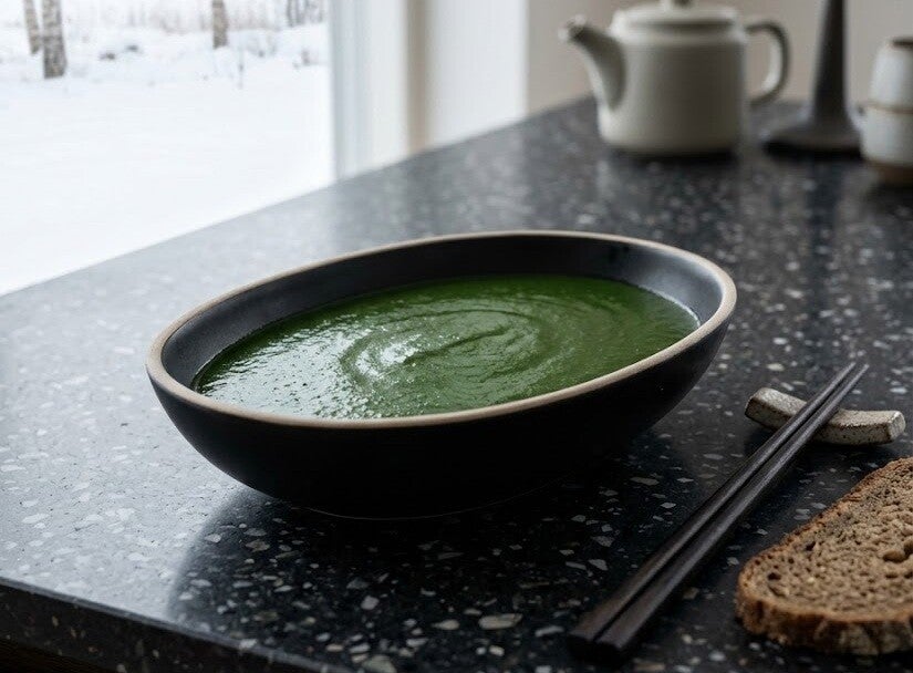 En skål med slät, grön pesto eller soppa på en mörk bänkskiva bredvid ätpinnar och en brödskiva, gjord med basilikaskott odlade från egna gröna basilikafrö.