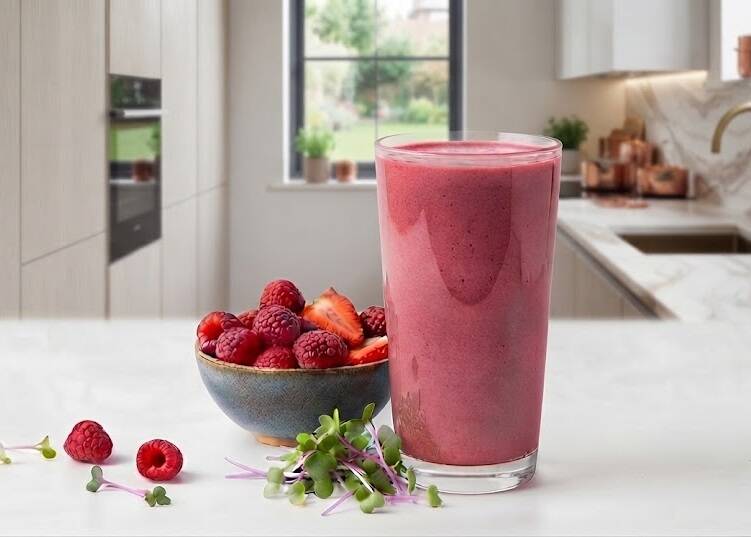 Pink Power – en fräsch och bärig smoothie där söta sommarbär möter krispiga, lätt peppriga rädisgroddar för en balanserad och uppfriskande smakprofil.