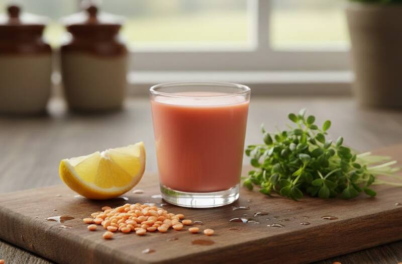 Ett glas med en rosa hälsoshot på en träskärbräda bredvid en citronklyfta, röda linser och färska skott odlade från egna röda linsfrö.