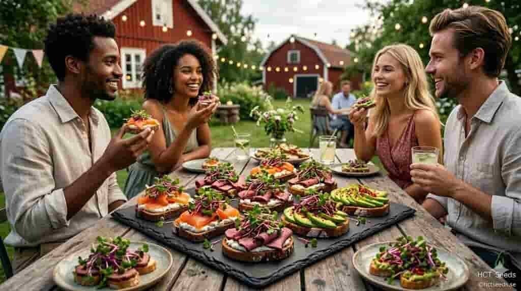 Eleganta snittar toppade med krispigt mikrogrönt av Rädisa China Rose från HCT Seeds. Bilden visar en naturlig festmiljö i en trädgård där gäster minglar runt ett dukat bord med färgstarka tilltugg.
