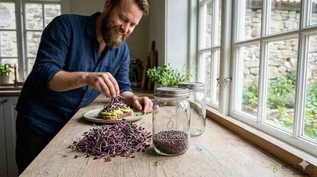 Närbild på krispiga, färgstarka lila rödkålsskott (Rödkåls Microgreens) från HCT Seeds, serverade direkt på en rustik köksbänk. Bilden visar groddningsprocessen i burk och användningen av skotten som en hälsosam topping på en avocado-macka i ett ljust kök