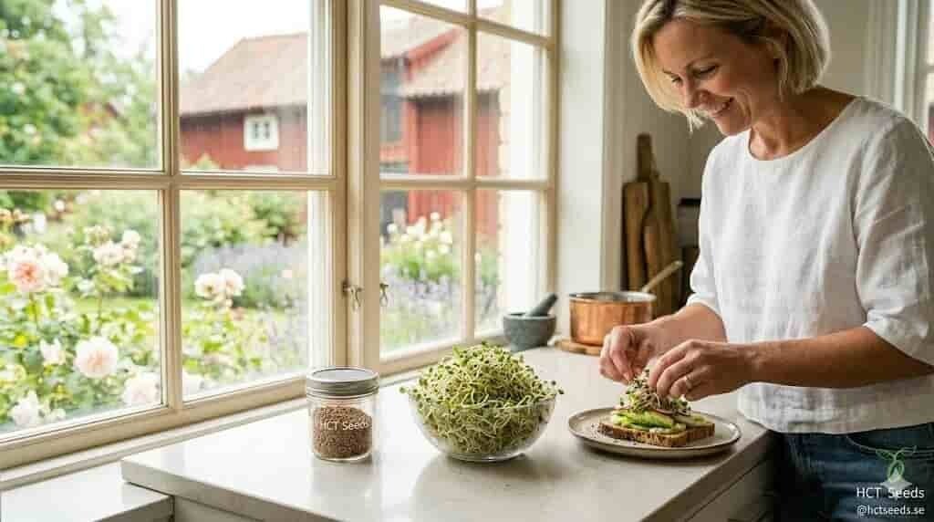 Närbild på krispiga, ekologiska rödklövergroddar (klövergroddar) från HCT Seeds serverade i en skål på köksbänken. Bilden visar processen att grodda själv i burk och användningen av groddarna som en hälsosam topping på en avocado-macka.