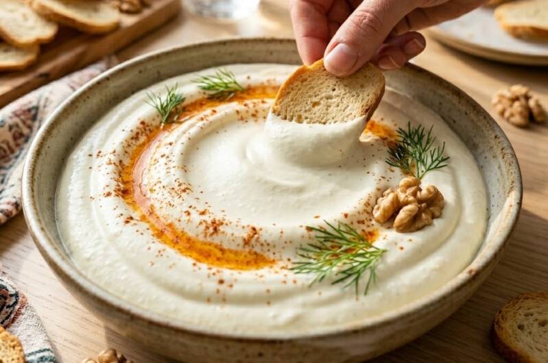 En skål med krämig vispad fetaost-dipp pudrad med rökt paprikapulver och toppad med färska dillskott odlade från egna dillfrön, där ett bröd dppas i skålen.