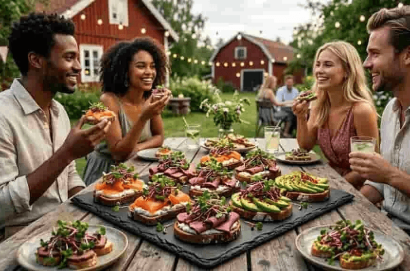 Ett glatt gäng som äter mackor utomhus vid ett långbord, med mat toppad med skott odlade från egna rädisfrö China Rose.