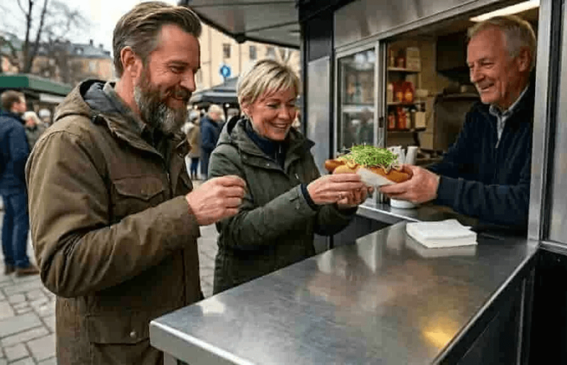 Ett par som handlar mat från en matvagn utomhus, med rätter toppade med skott odlade från egna rädisfrö Daikon.