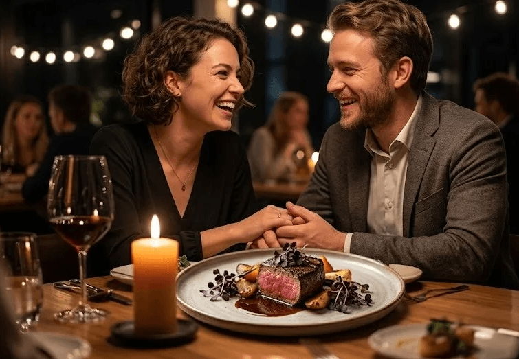 Ett par som sitter på en mysig restaurang med levande ljus och delar en middag med en elegant maträtt toppad med mörklila Sango-skott odlade från egna rädisfrön.