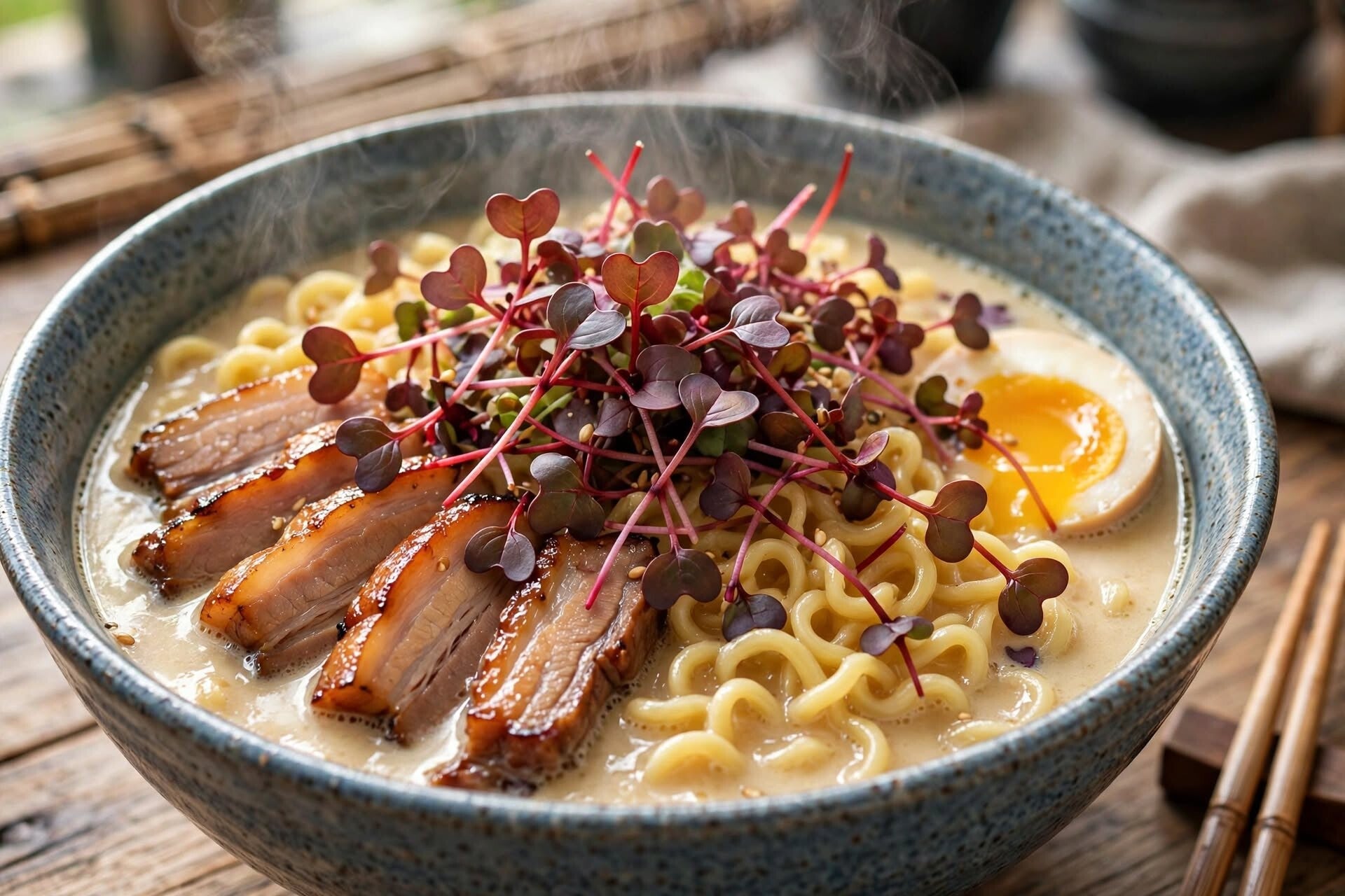 ramen toppad med röda mizunaskott