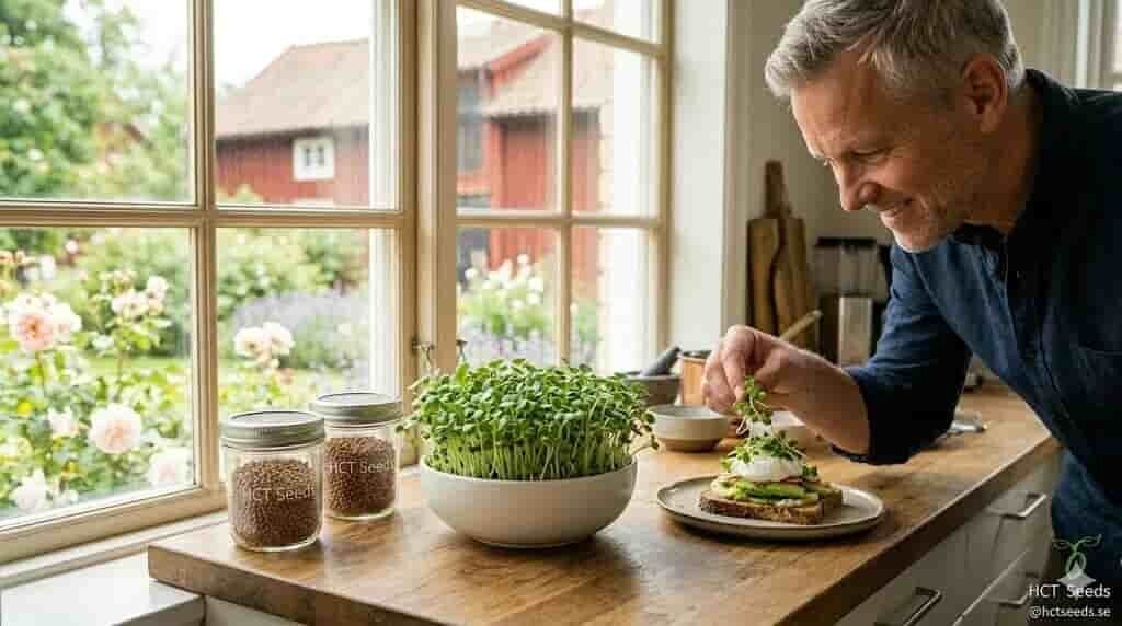 En frodig skål fylld med krispiga, ekologiska rapsskott (rapas Microgreens) på en köksbänk. Bredvid står groddburkar från HCT Seeds med fröer. I bakgrunden toppar en man en avocado-macka med de färska skotten i ett ljust kök.