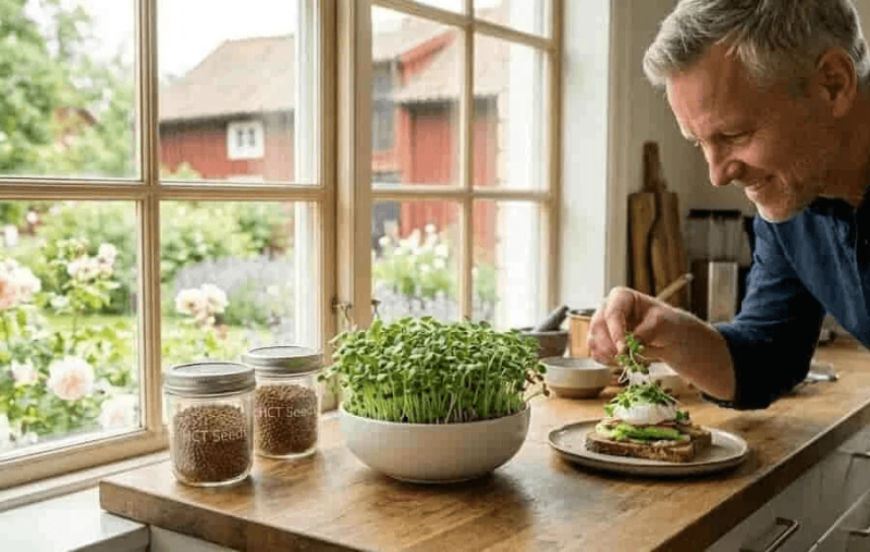 En man som förbereder frukostmackor i ett ljust kök vid ett fönster, bredvid burkar och en skål med rapsskott odlade från egna rapsfrön.