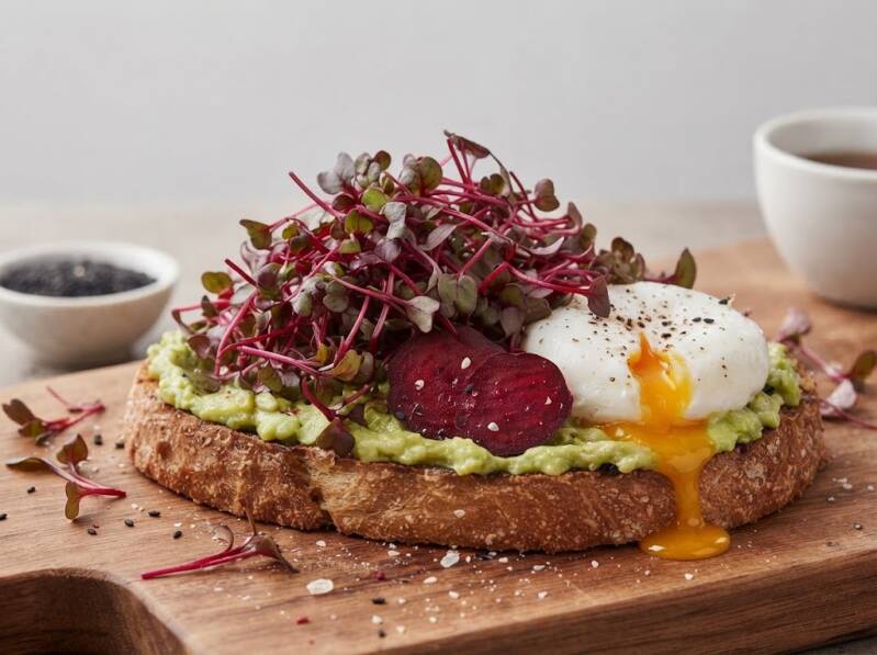 Avocado toast – med pocherat ägg & rödbetsskott Bulls Blood