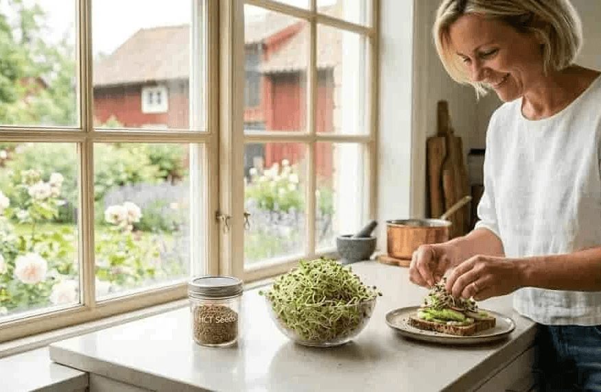 En kvinna som förbereder mackor i ett ljust kök bredvid en skål med rödklöverskott odlade från egna rödklöverfrön.