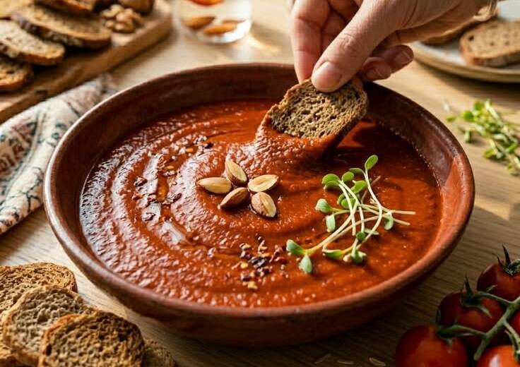 Hand som doppar bröd i en skål med rökig ajvar toppad med bockhornsklöverskott.
