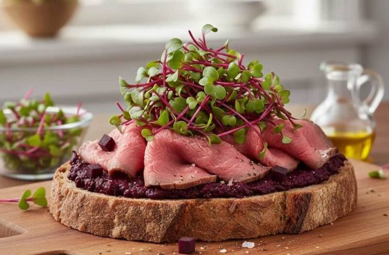 En skiva bröd med rödbetsröra och rostbiff på en skärbräda, toppad med gröna och röda rödbetsskott odlade från egna rödbetsfrö Detroit, bredvid en liten skål med skott och en oljekanna.