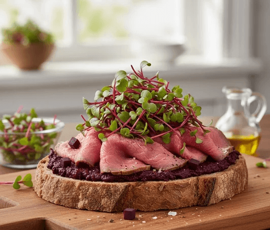 Rostbiff & Red Detroit – en färgstark toast med rödbetsskott odlade på fröer från HCT Seeds
