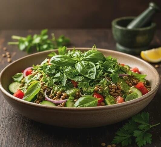 Örtig lins-sallad med linsgroddar groddade på fröer från HCT Seeds