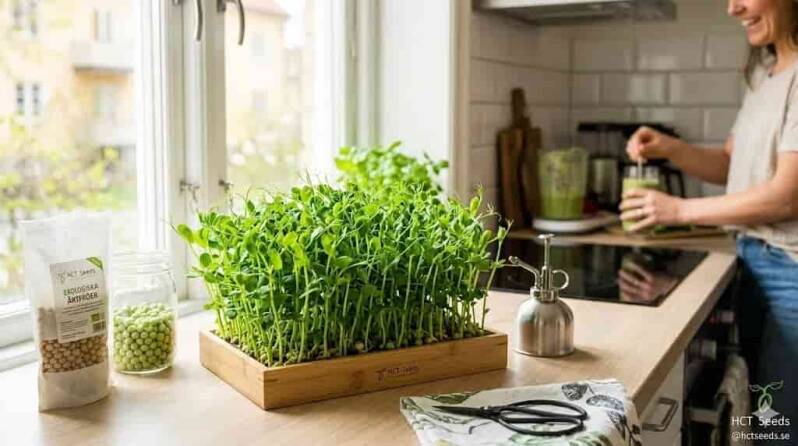 En frodig odling av ekologiska ärtskott i en odlingslåda på en ljus köksbänk. Bredvid syns en påse HCT Seeds ekologiska ärtfröer, en sprayflaska och en skördesax. En kvinna mixar en grön smoothie i bakgrunden.