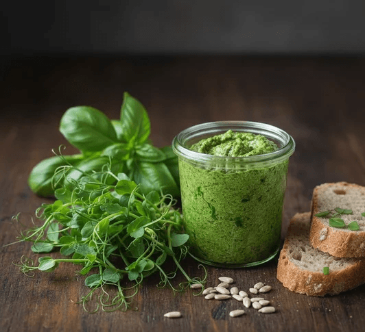 Hemgjord Pesto på Basilika & Ärtskott odlade på fröer från HCT Seeds