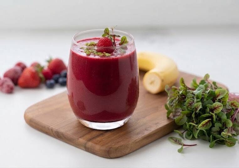 Ruby Red Power – en djupröd smoothie som kombinerar jordig sötma från krispiga rödbetsskott med friska hallon och fiberrika chiafrön för en energigivande start.