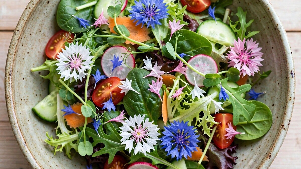 Sallad med ätbara blåklintsblommor Centaurea cyanus Polka Dot Mix vit rosa blå i keramikskål sommarrecept