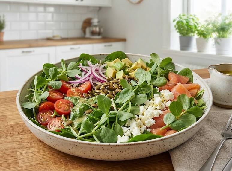 En stor skål med en färgglad sallad placerad på en träbänk i ett ljust kök. Salladen innehåller spenat, körsbärstomater, rödlök, avokado, fetaost, pumpafrön och rikligt med bondböneskott. Bredvid står en liten kanna dressing och bestick.
