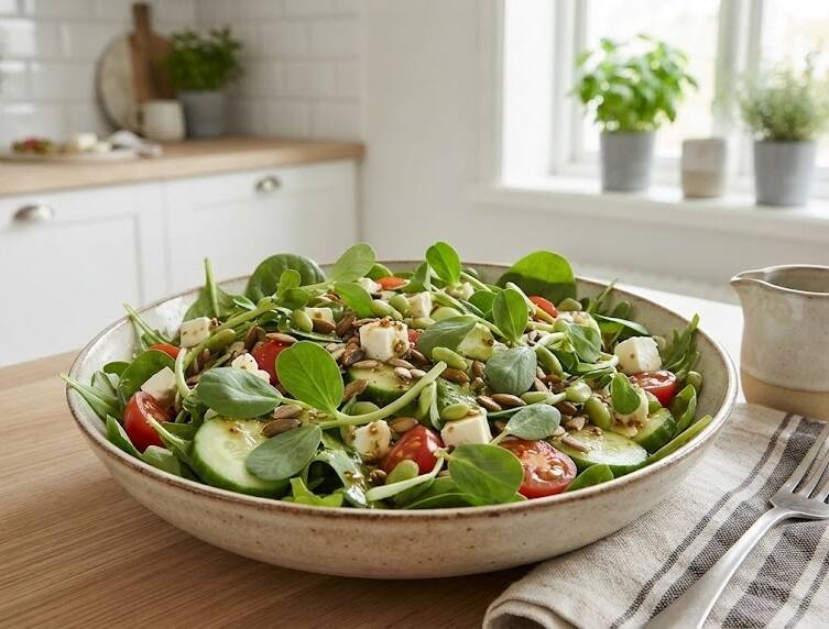 En fräsch sallad i en skål med gröna blad, tomater och hemodlade bondböneskott i ett ljust kök.