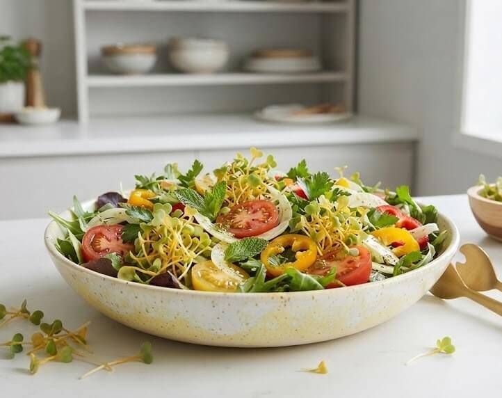 En stor skål med färgglad sommarsallad på en vit köksbänk, toppad med gula mangoldskott. I bakgrunden syns ett ljust kök och guldiga bestick.