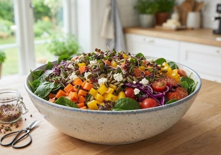 En stor skål med en färgglad sommarsallad med bland annat tomater, gurka och fetaost, rikligt toppad med rödkålsskott odlade från egna rödkålsfrön.