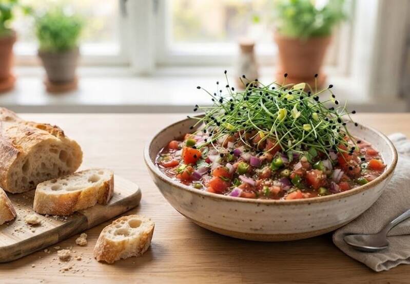 En skärmbild av webbplatsredigeraren Webador Business. Innehållsområdet visar en bild av en rustik skål med tomatsalsa toppad med purjolöksskott, och bredvid ligger en uppskuren baguette på en träbräda.