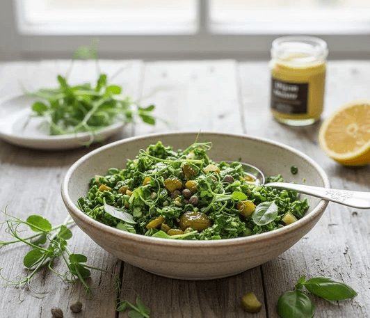 Frisk Salsa Verde på Ärtskott & Basilikaskott odlade på fröer från HCT Seeds