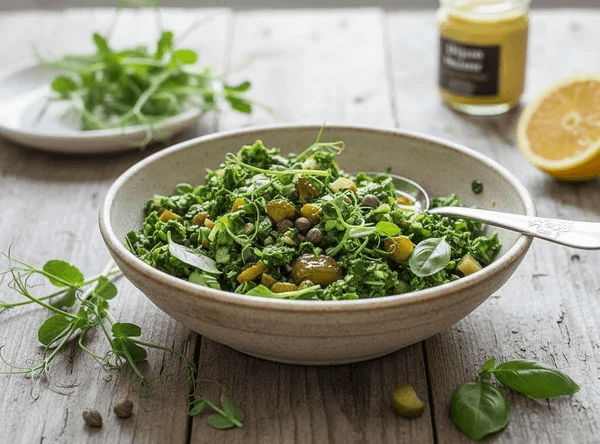 En skål med grön salsa verde på ett träbord tillsammans med en citronskiva, toppad med färska basilikaskott odlade från egna gröna basilikafrö.