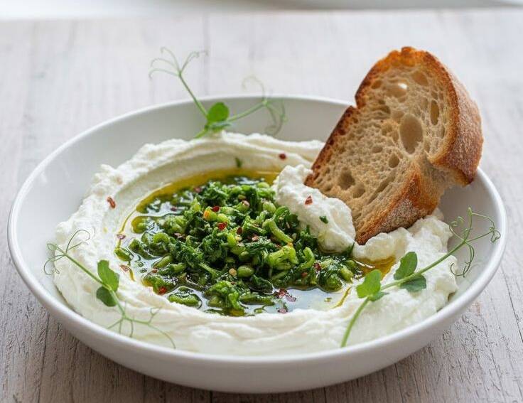 Lyxig Whipped Feta med krispig ärtskotts-topping – en silkeslen fetaostkräm toppad med en smakrik olja gjord på nyskördade ärtskott, perfekt som förrätt eller lyxig dipp.