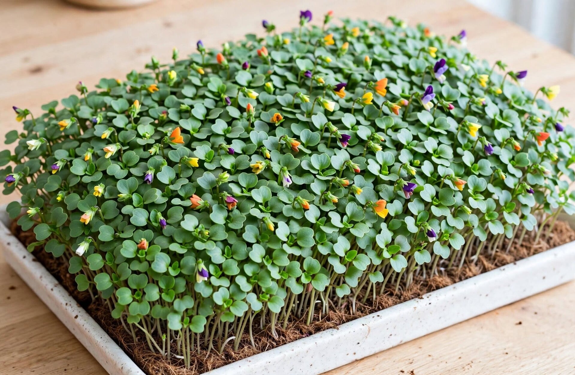Hornviol Viola cornuta Sorbet Mix på odlingsmatta - tät och jämn grobarhet med små färgglada knoppar för ätbara blommor